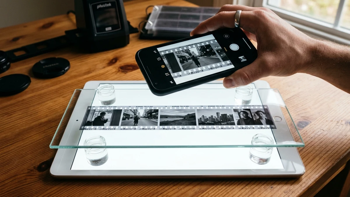 Photographer using an iPad as a light table with glass spacers to scan 35mm film negatives