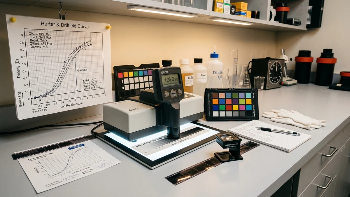 Sensitometry laboratory workbench with optical transmission densitometer measuring photographic step wedges